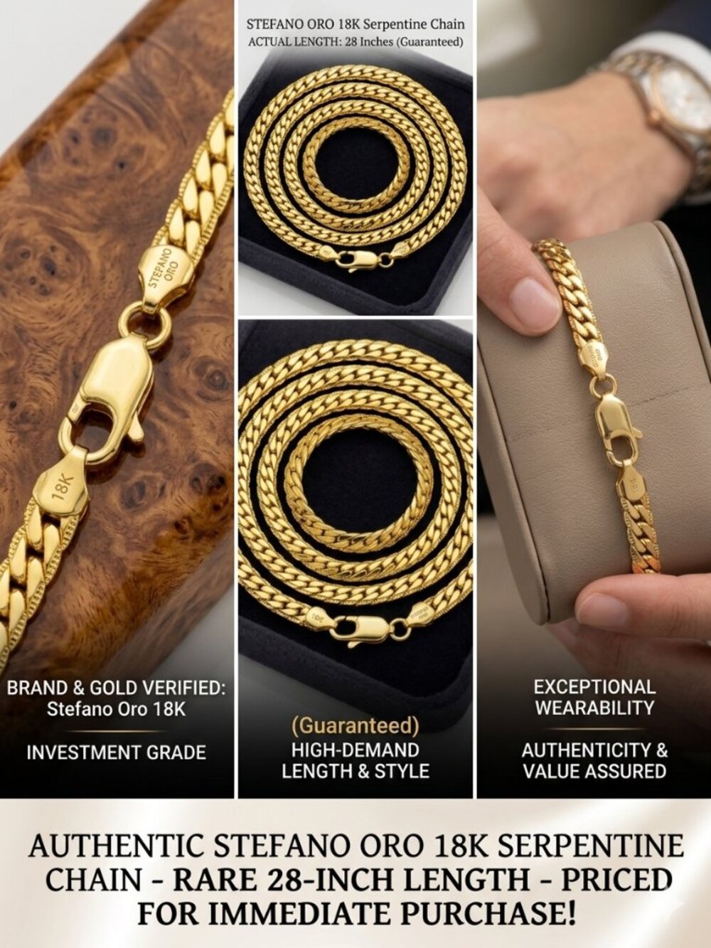 Stefano Oro 18K Yellow Gold Serpentine Chain - Rare 28" Length (31g) - PR